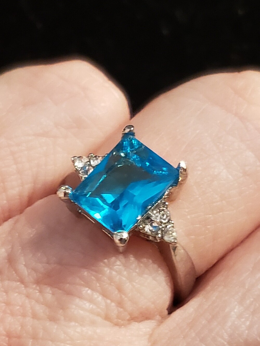 NEW SIZE 5 S.P. Swiss Blue Topaz Emerald-cut W/Side Accents Caribbean Blue Color